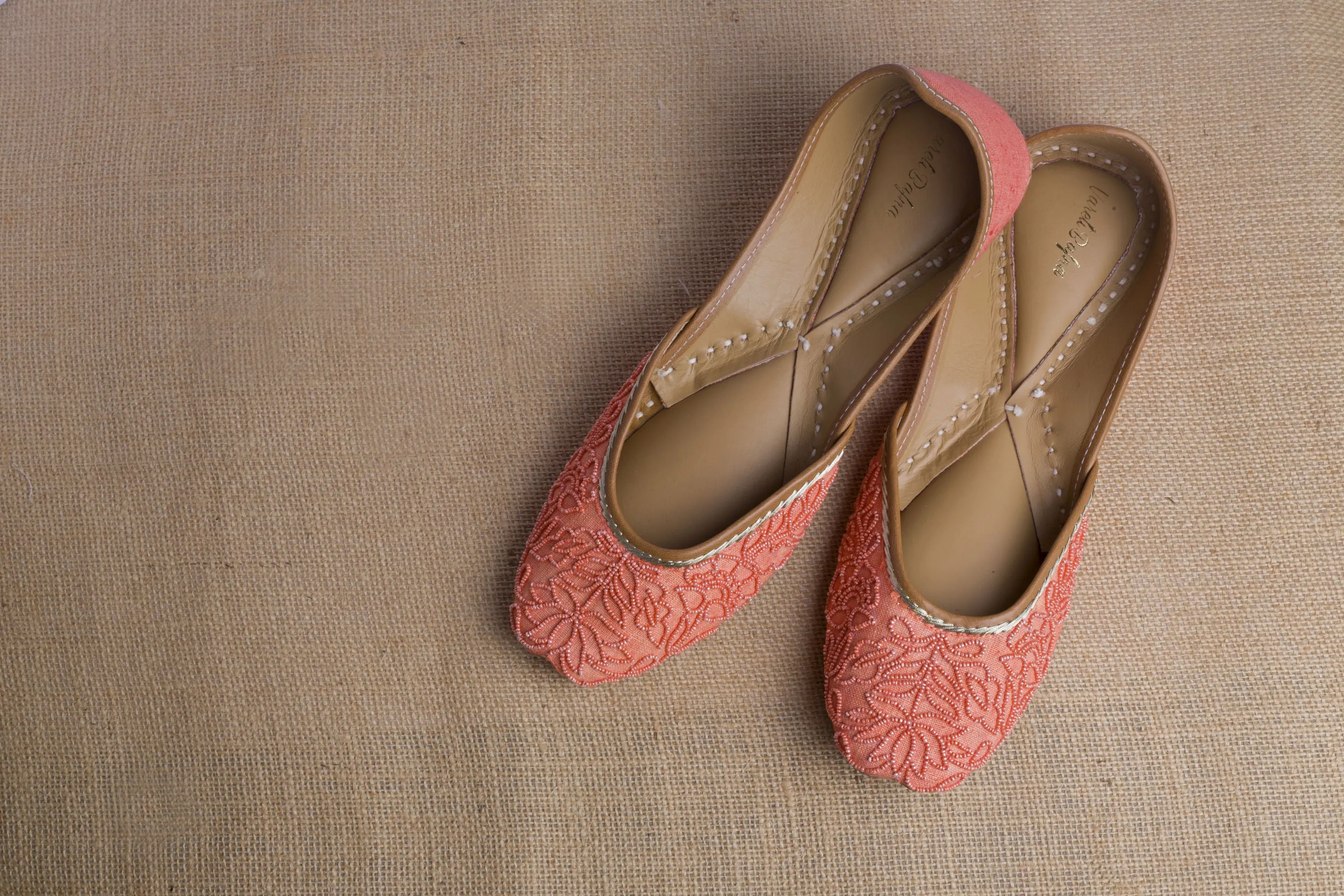 Bright Salmon Hand embroidered Juttis